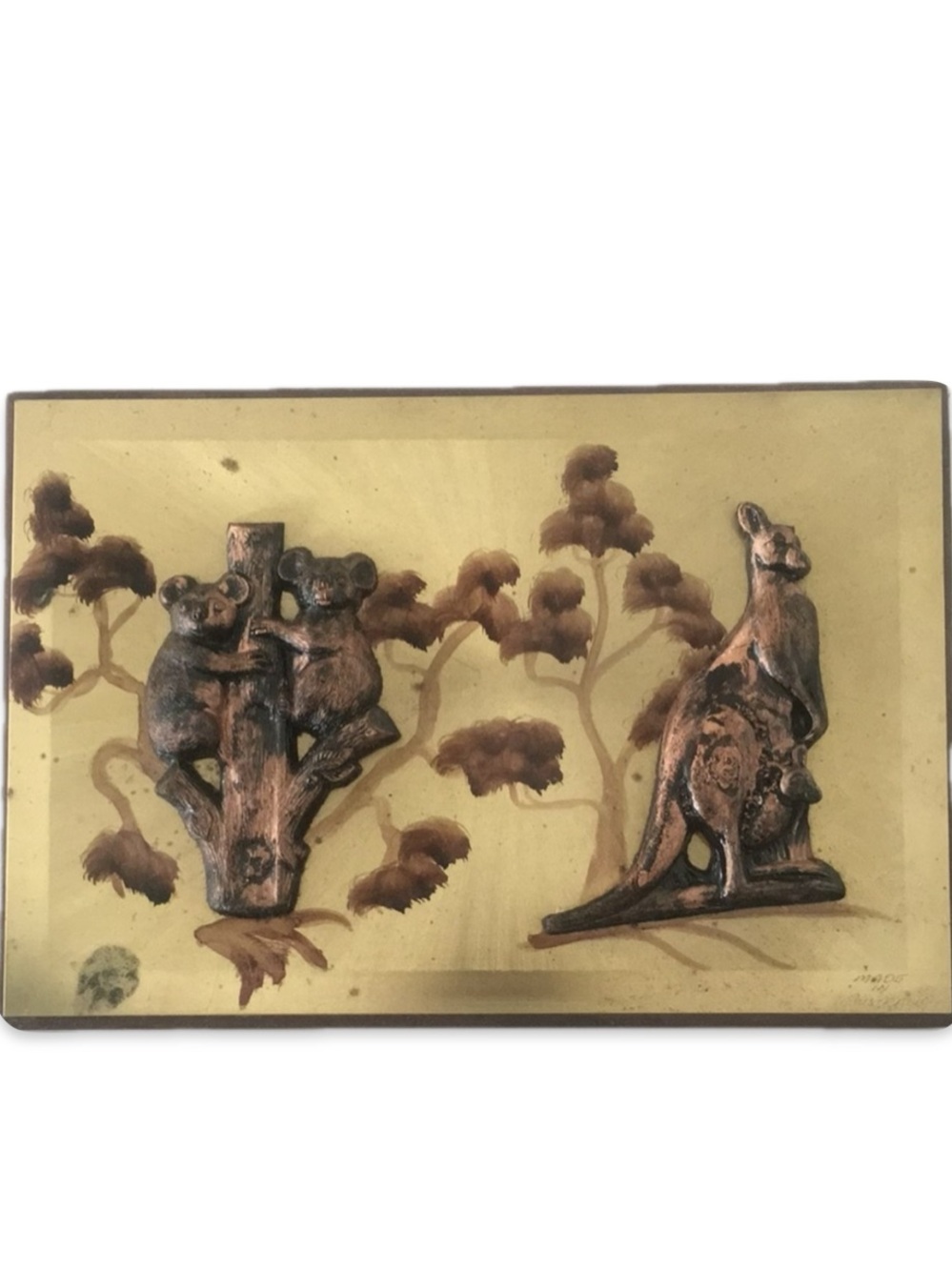 Handmade Australian Wood Brass 3D Plaque Kangaroo Koala Wall Art 12x8